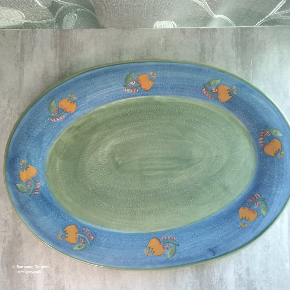 Vintage Hand-painted BRUSHES K.I.C. Oval Ceramic Serving Platter With Persimmons